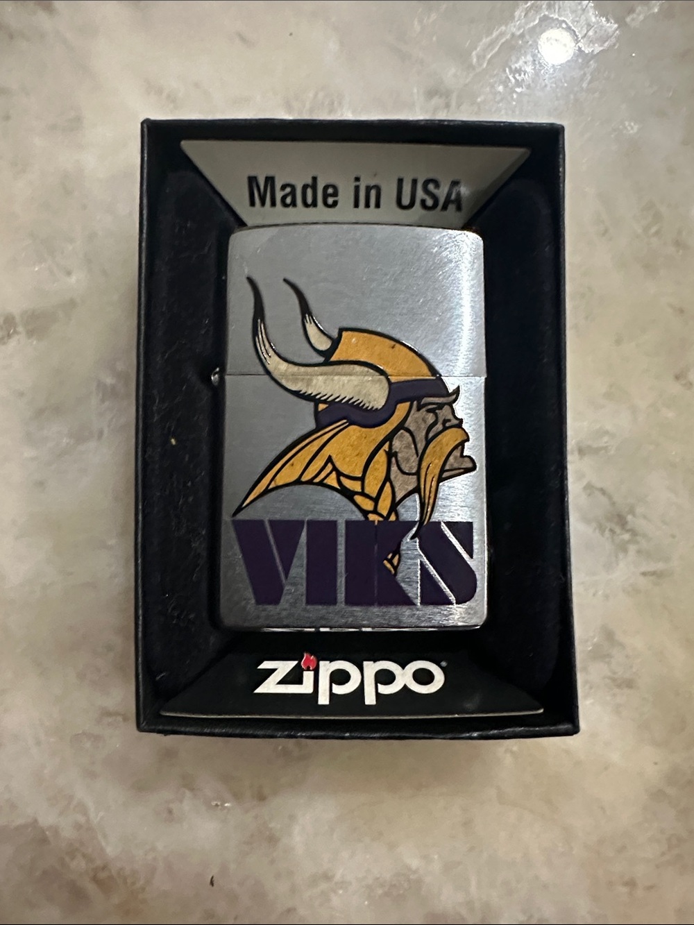 Zippo Minnesota Vikings Brushed Chrome Windproof Lighter - Silver/Gold/Purple